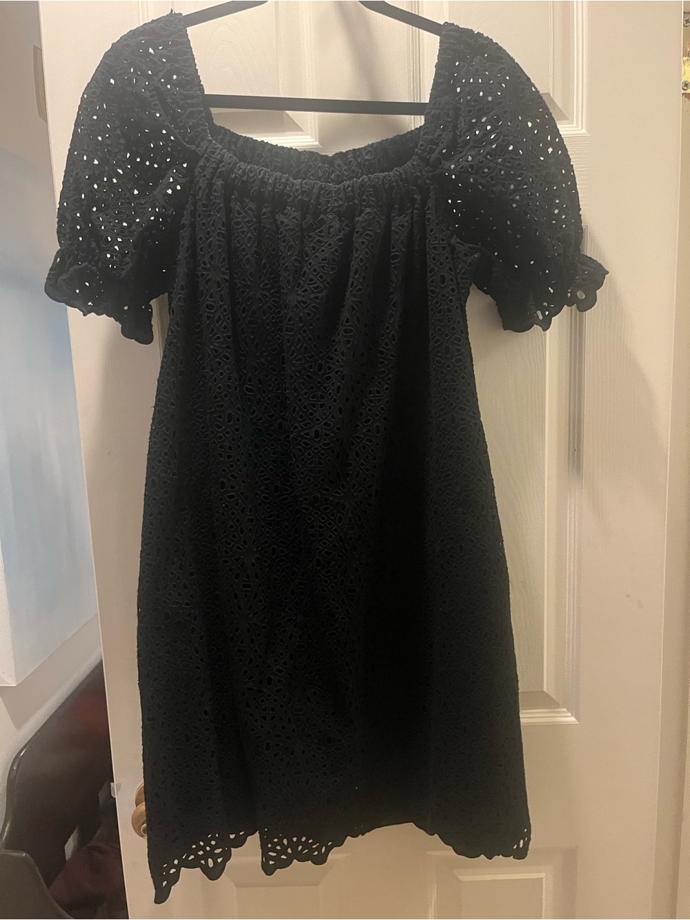 Black Eyelet Puff-Sleeve Baby-doll Dress